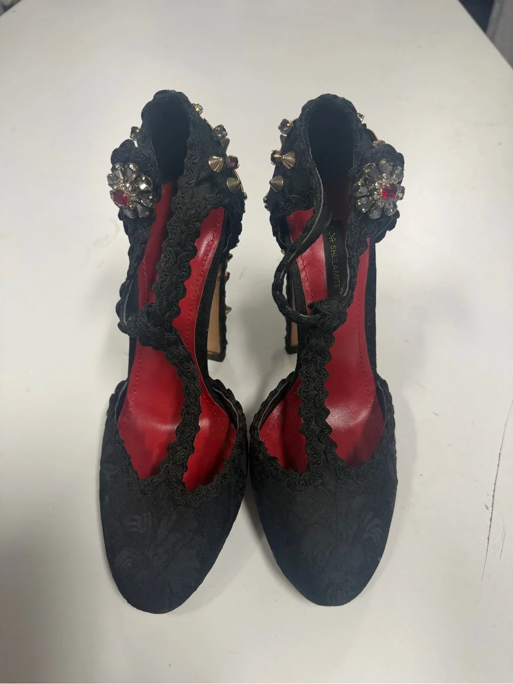 Black CrystEmbellished T-Strap High Heel piece of art 5 L45-A11